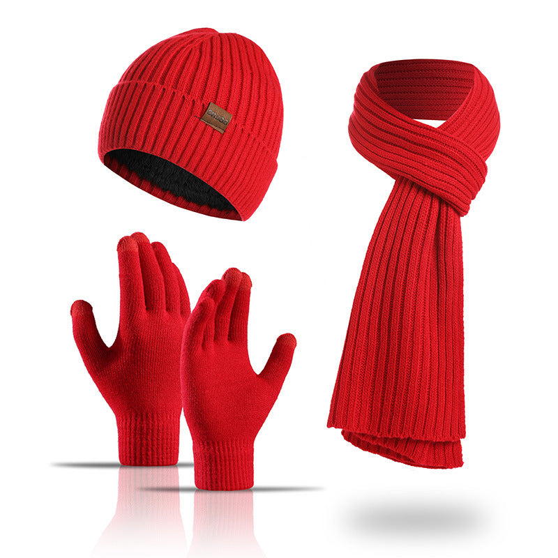 Winter Solid Color Scarf Hat Gloves Knitted Three-piece Suit