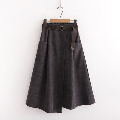 Solid Color Leisure Artistic Pocket High Waist Slimming Irregular Midi Skirt