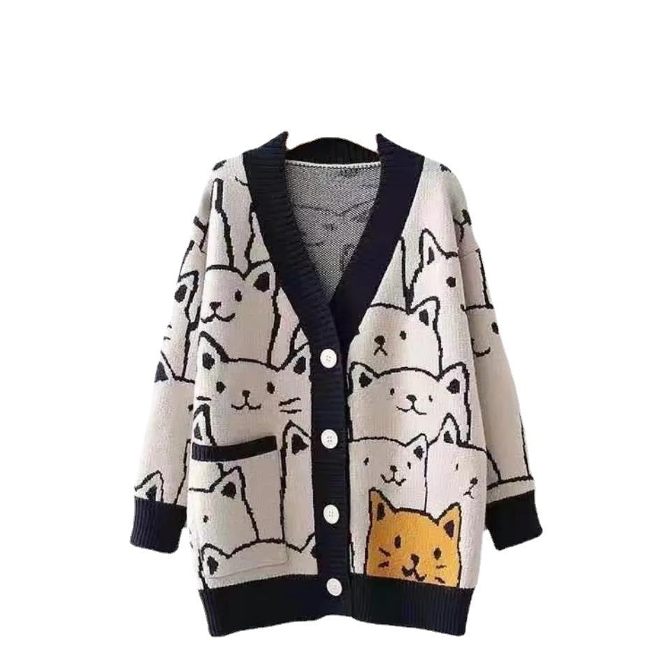 Loose Western Style Long Sleeve Knitted Cardigan Cartoon Sweater