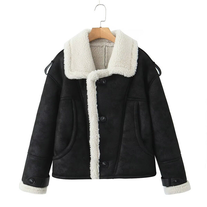 American Retro Street Style Suede One-piece Loose Lamb Wool Thickened Warm Lapel Motorcycle Clothing