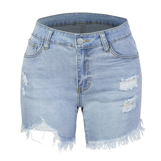 Fashion Ripped Fringed High Stretch Denim Shorts Women