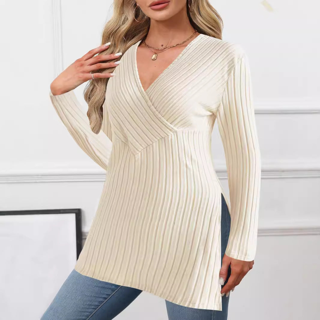 Long Sleeve Solid Color And V-neck Leisure Pajamas Sunken Stripe Top