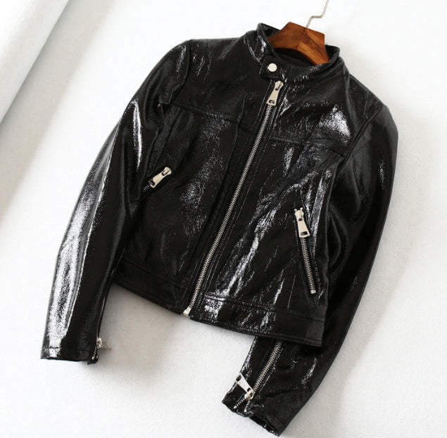 Black Bright Leather PU Short Motorcycle Leather Jacket Women's Jacket