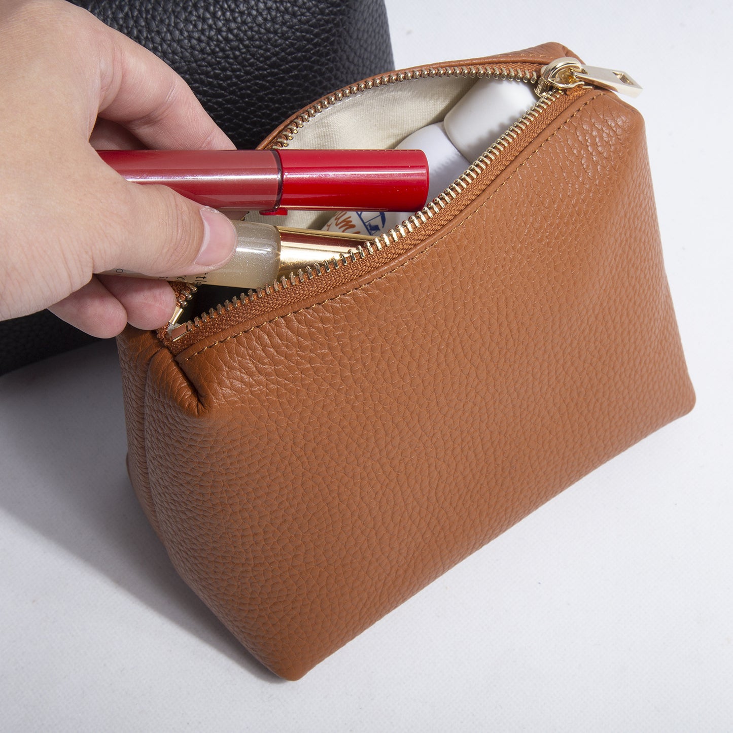 Portable Litchi Pattern Cowhide Lipstick Cosmetic Storage Bag