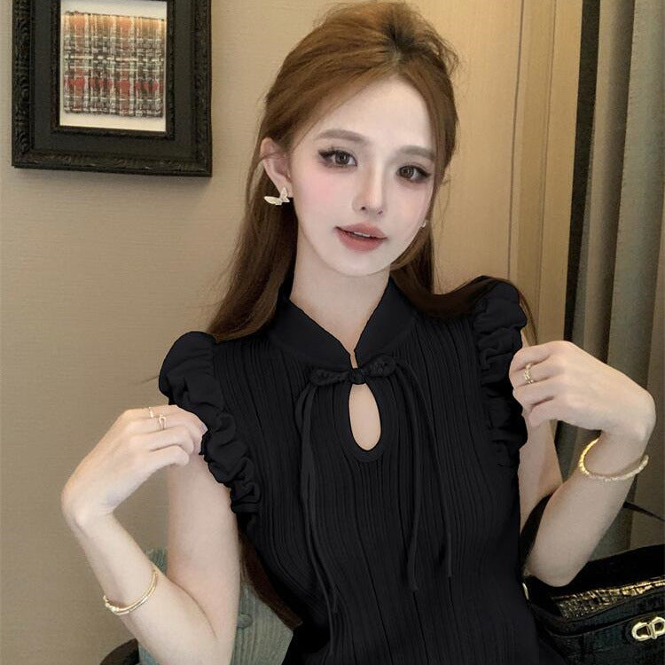 New Chinese Style Retro Buckle Puffed Sleeves Elegant Top