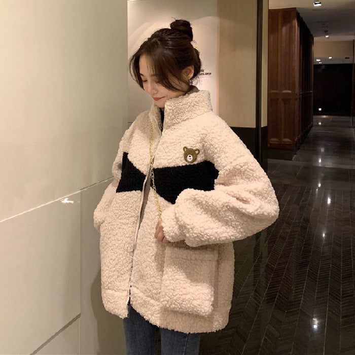 Lamb Wool Plus Velvet Jacket Female Design Sense Contrast Color