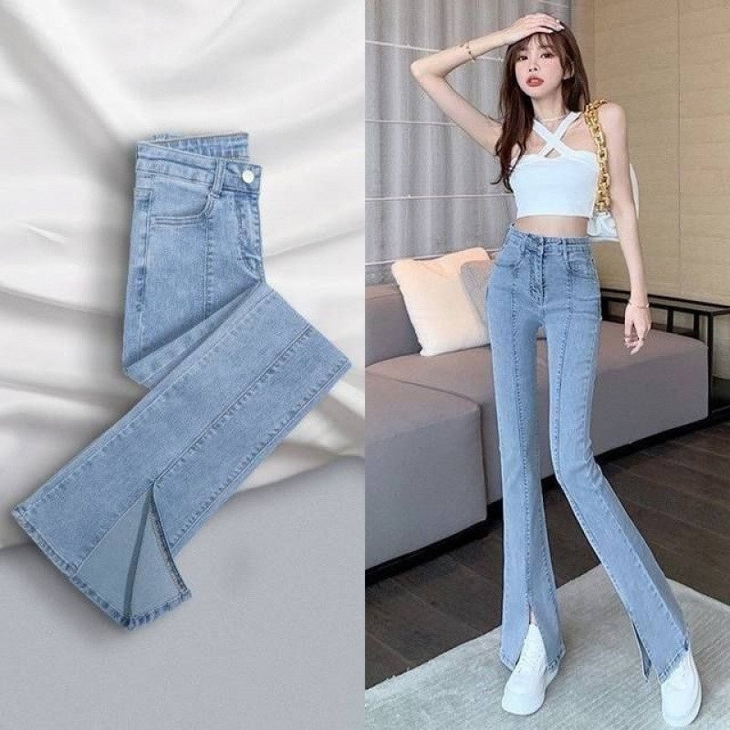 Light Color Flattering Slim Fit Slit Jeans Show High Shape