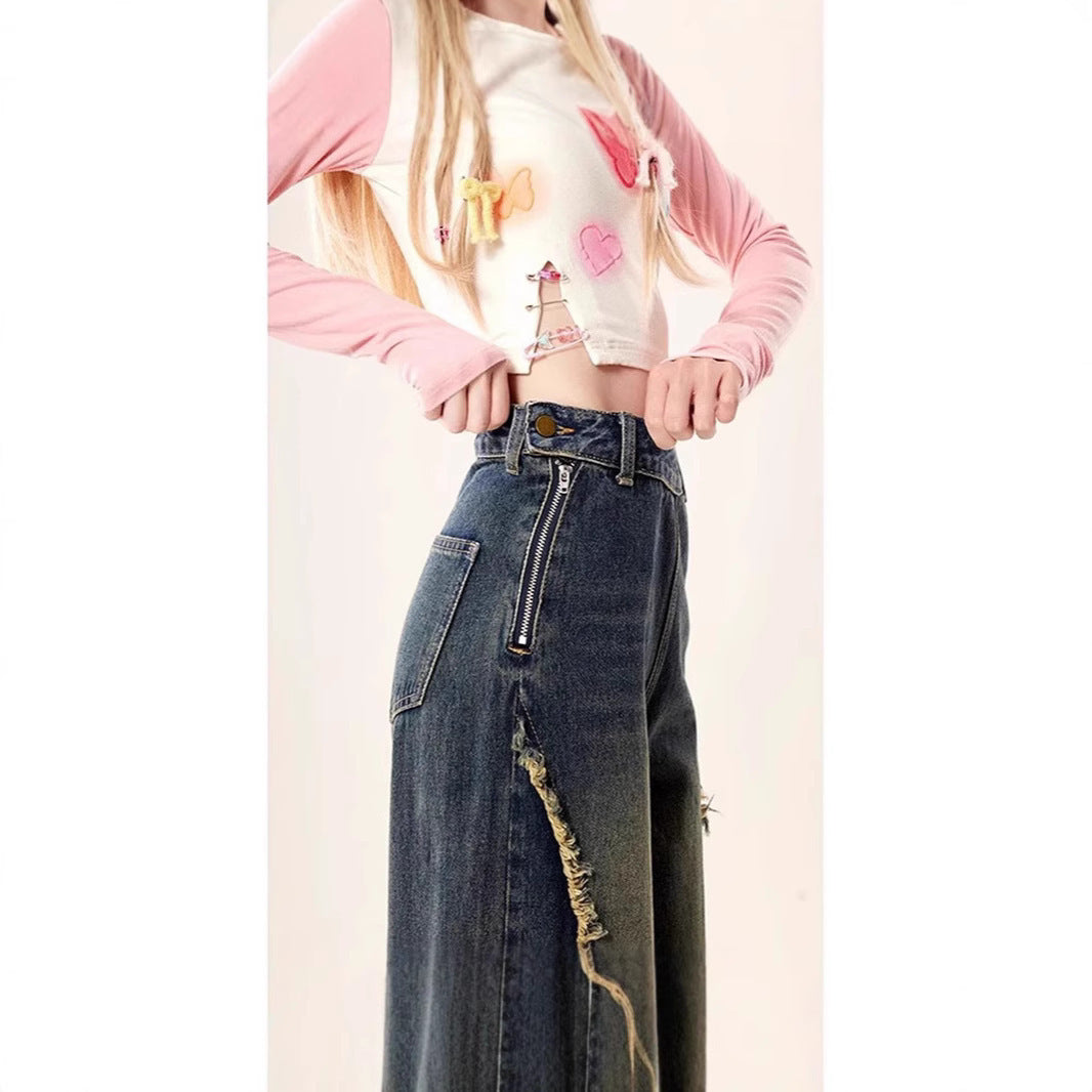 Retro Butterfly Patch Raw Edge Denim New High Street Design Straight Mop Pants