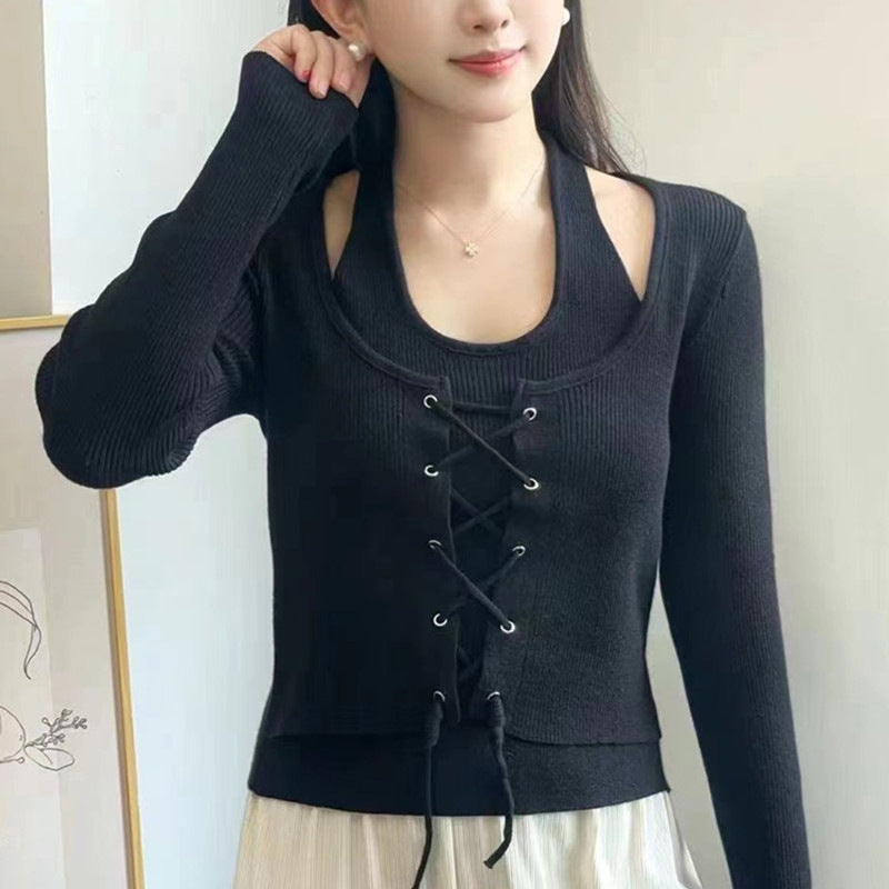 Korean Style Halter Off-the-shoulder Lace Up Fake Two Pieces Long Sleeve Knitted Top