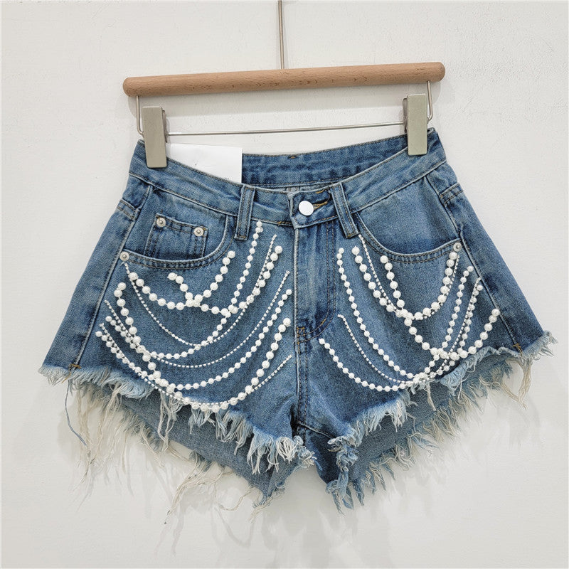 Denim Shorts Women's Summer High Waist Slimming Rhinestone Fringed Burr