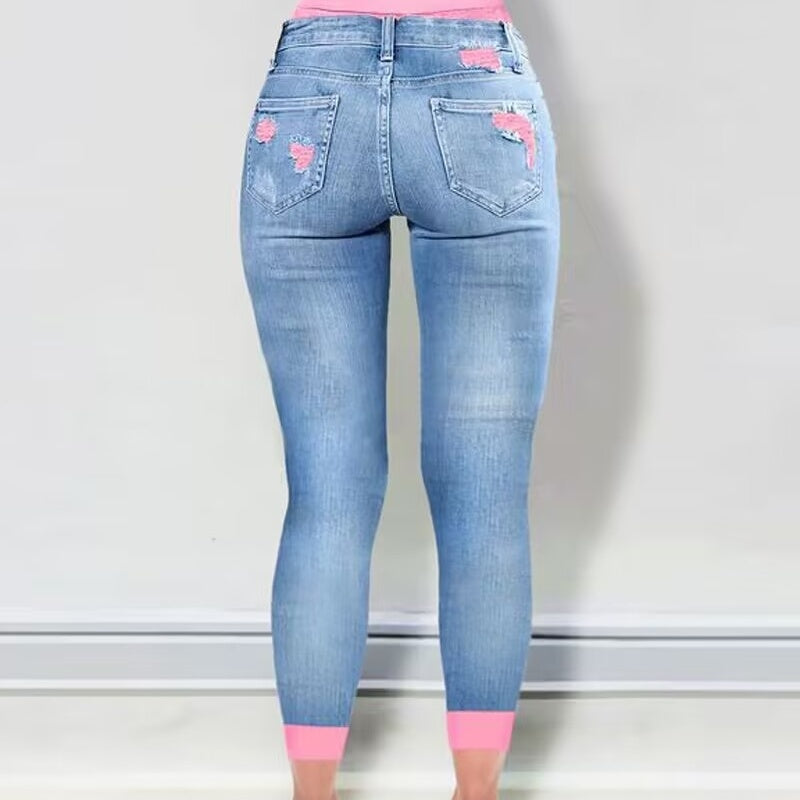 Fashion Colorblock Rolled Hem Distressed Cropped Jeans