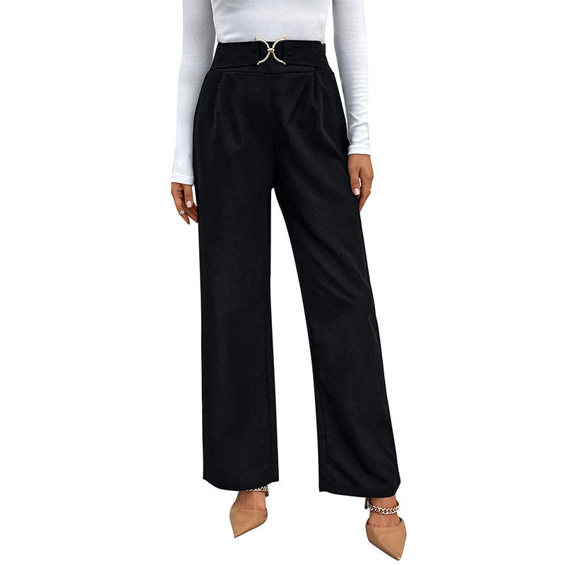 European And American Solid Color With Buckle High Waist Straight Pants