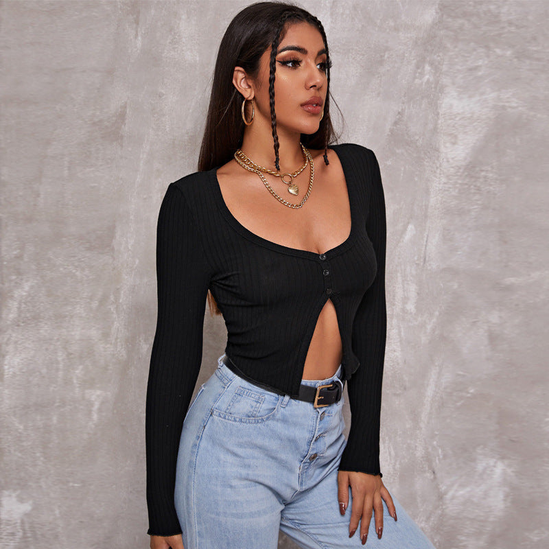 Long Sleeved Crop Cardigan Top Sexy Button Knit T-shirt