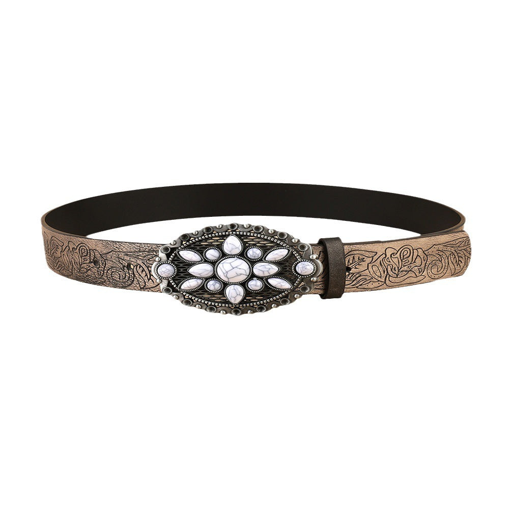 Retro White Gem Personality All-matching Printed Fashion Decoration Belt