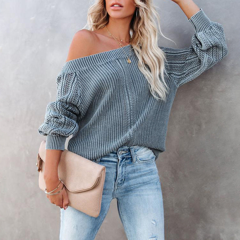 Solid Color Loose V-neck Lantern Sleeve Long Sleeve Sweater