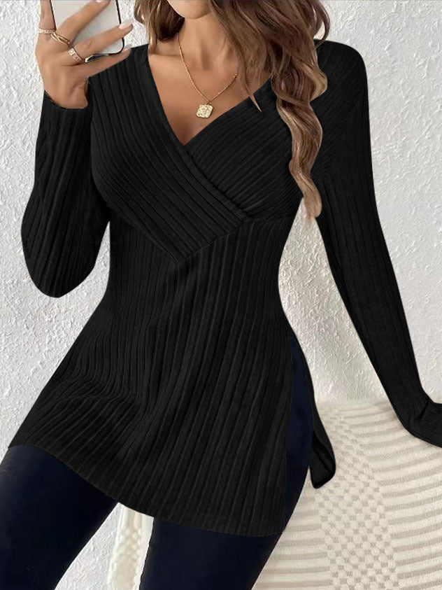 Long Sleeve Solid Color And V-neck Leisure Pajamas Sunken Stripe Top