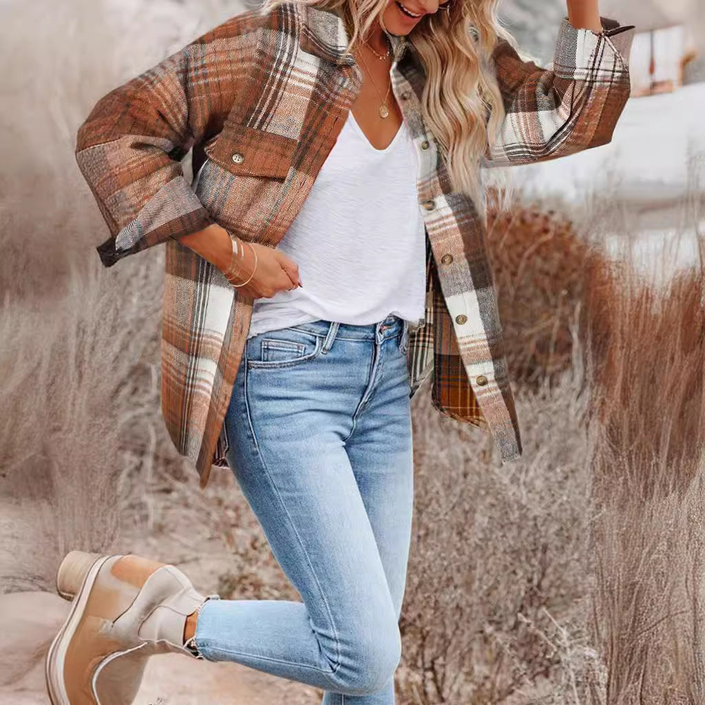 Casual Women's Lapel Loose Plaid Mid-length Blouse