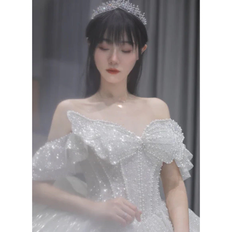 One-shoulder High-quality Long Trailing Heavy Industry Retro Wedding Dress