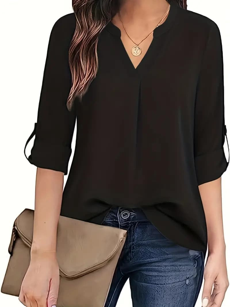 Solid Color Simple Blouse, Casual V-neck Long Sleeves