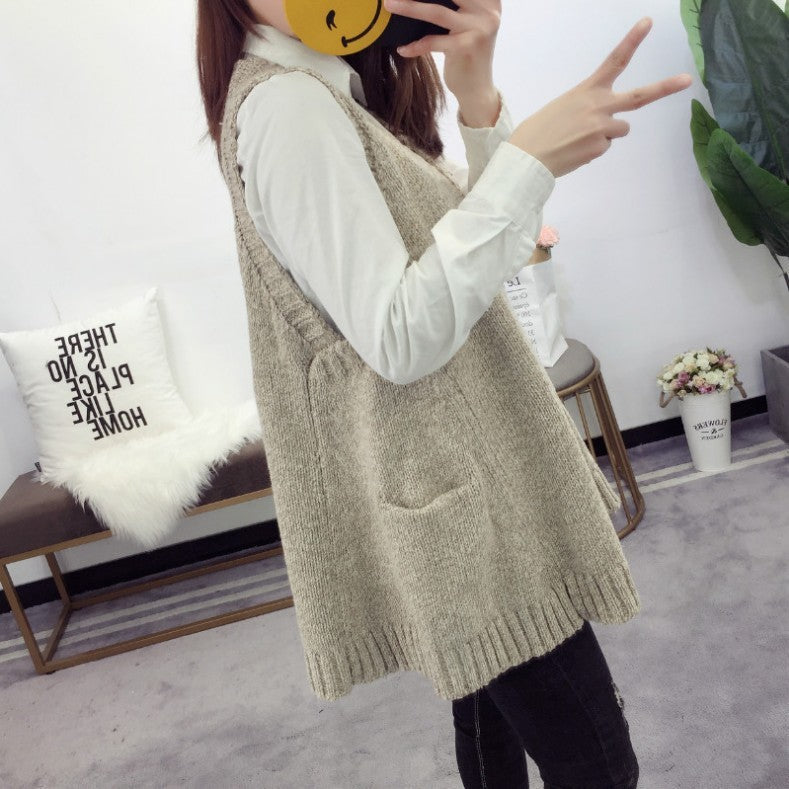 Plus Size Color Mid-length Sleeveless Sweater Coat