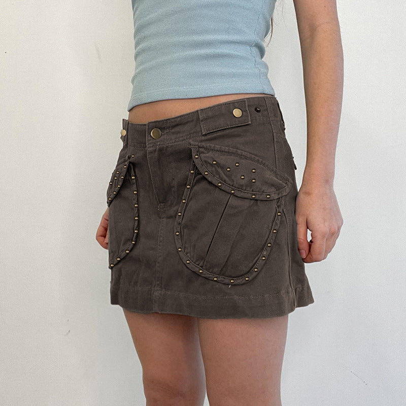 American Retro Rivet Pocket Denim Skirt