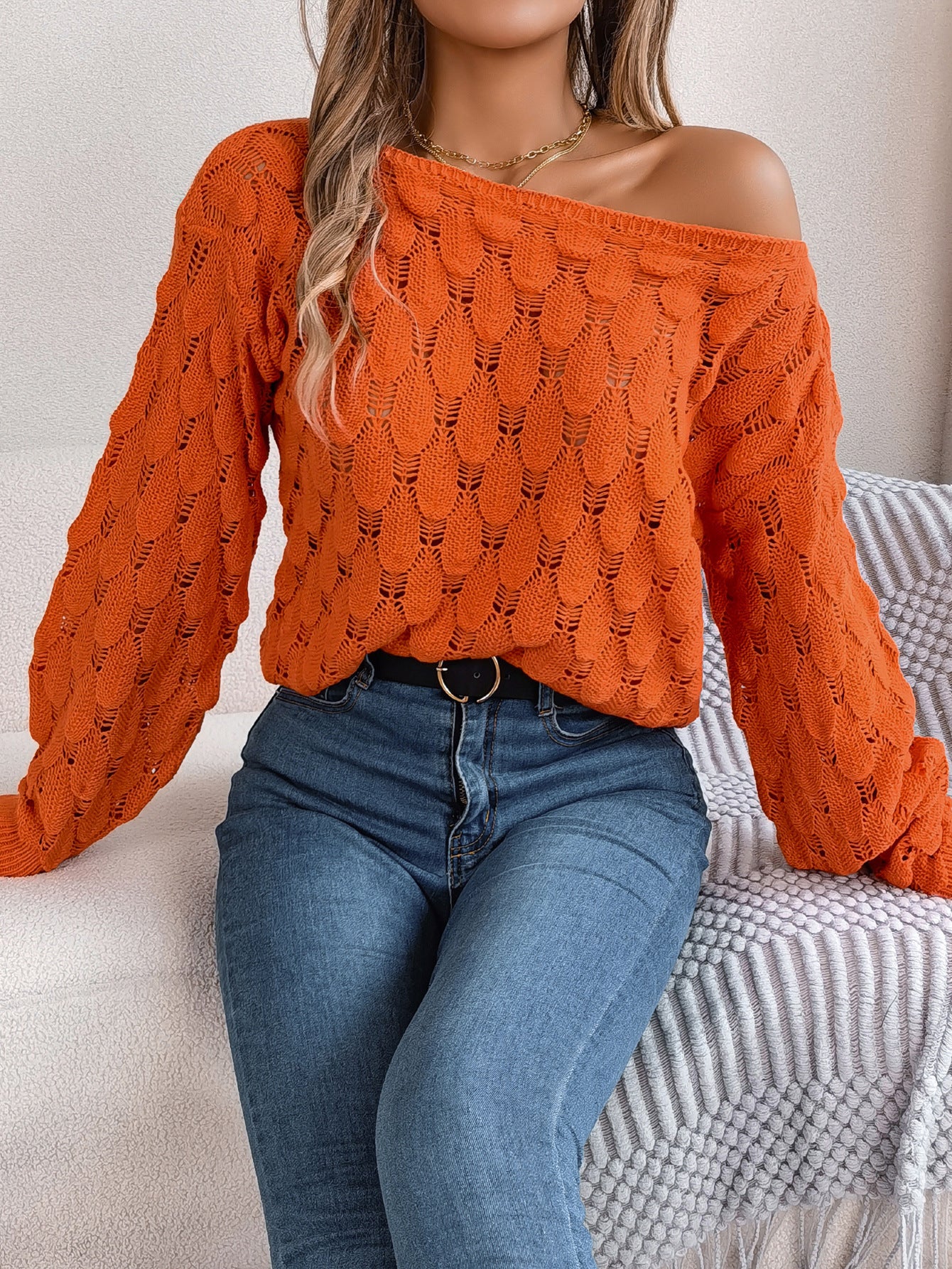 Hollow-out Off-neck Off-the-shoulder Lantern Sleeve Sweater