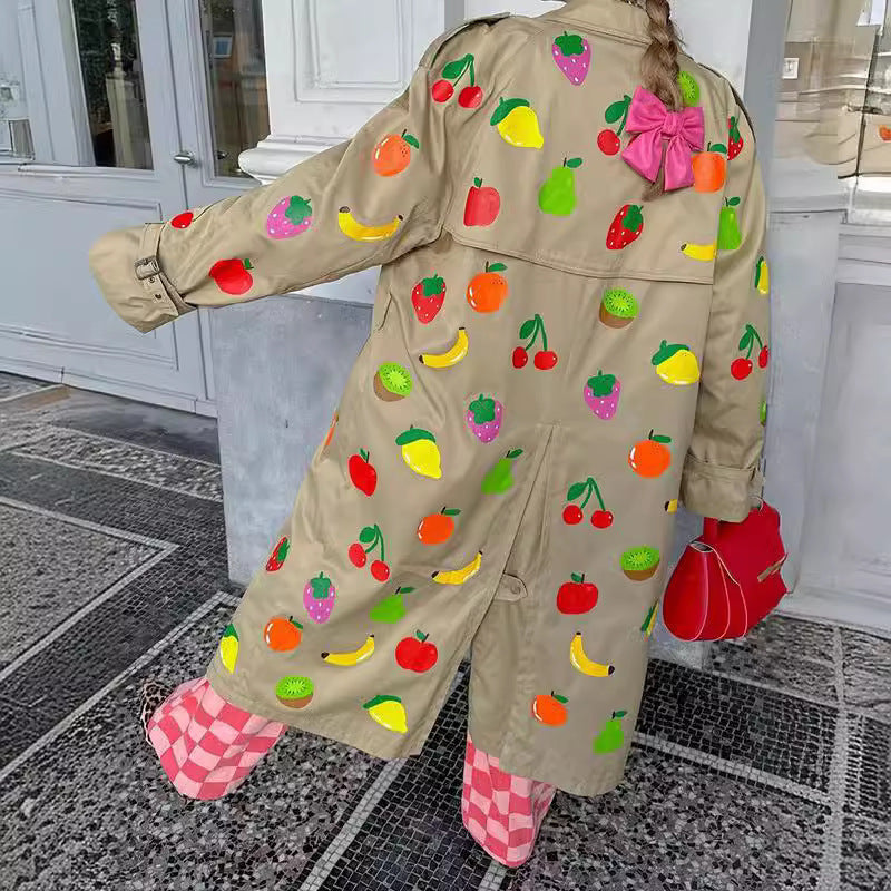 European And American New Elegant Khaki Fruit Printed Lapel Coat