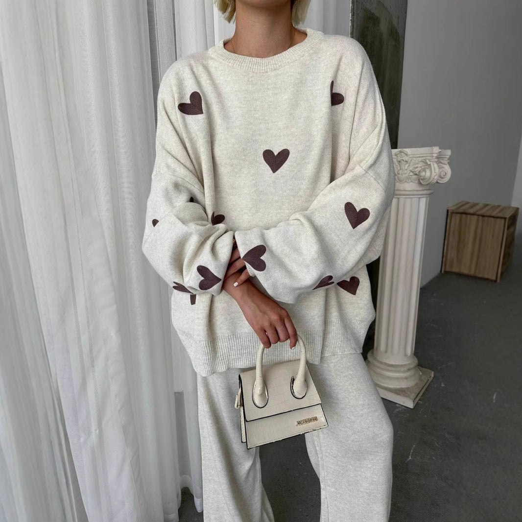 Heart Knitted Pants Outfit Top Two-piece Set