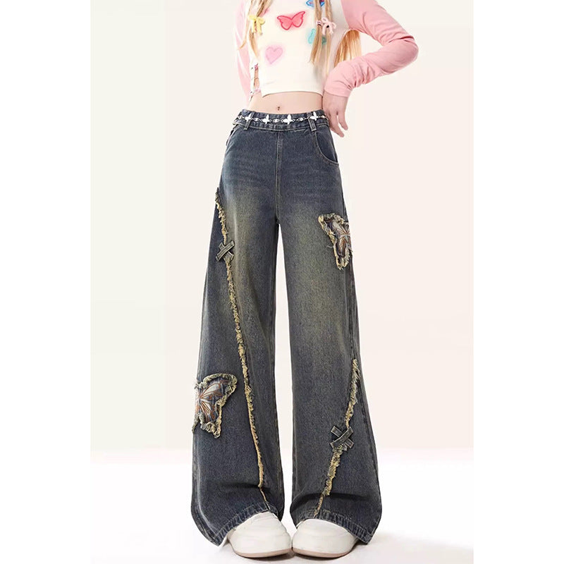 Retro Butterfly Patch Raw Edge Denim New High Street Design Straight Mop Pants