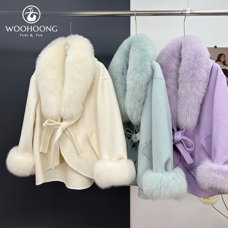 Wool Double-sided Woolen Coat Women's Mid-length Cape Shawl Fox Fur Appearance