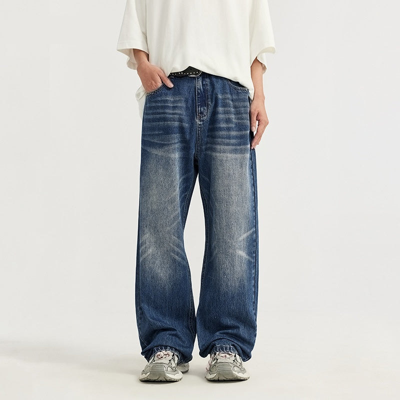 Simple All-matching Straight Men's Clothing Retro Tattered Jeans Wide Leg Jeans