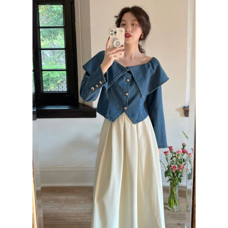 Lapel Long Sleeve Denim Waist-controlled Top Mid-length Skirt