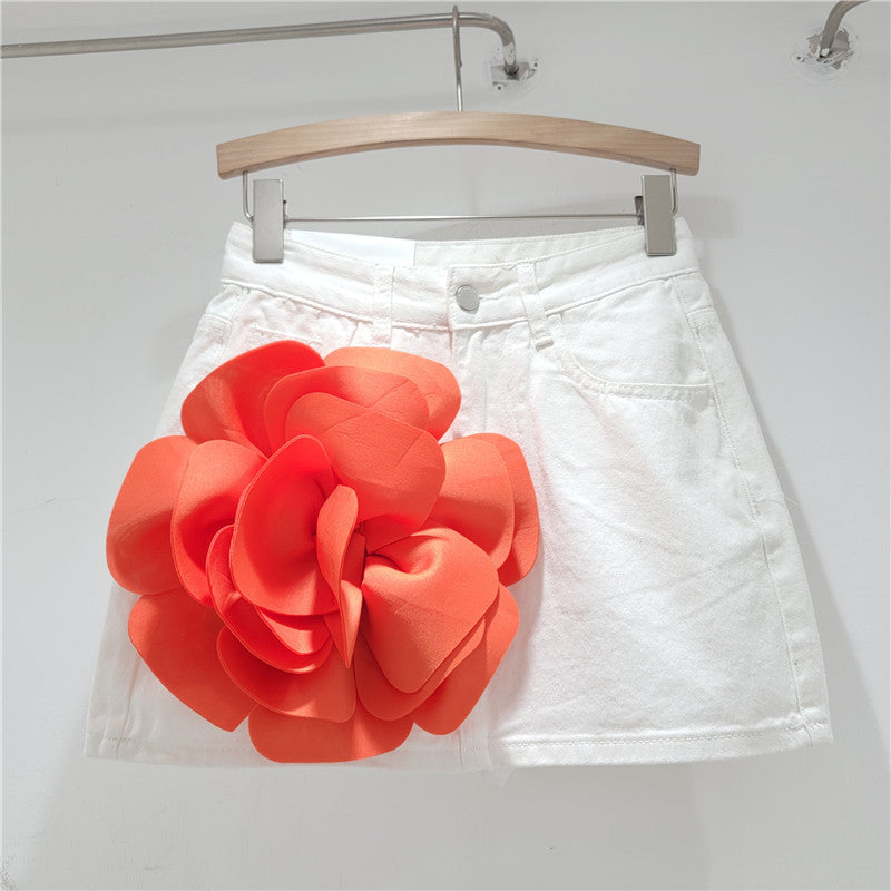 Design Flower High Waist Denim Skirt Women's A- Line Hot Girl Shorts Sheath Culottes Skirt