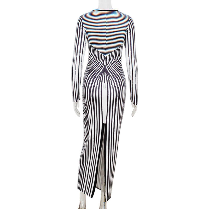 Round Neck Long-sleeved Shirt Slim Striped Print Bodycon Dress