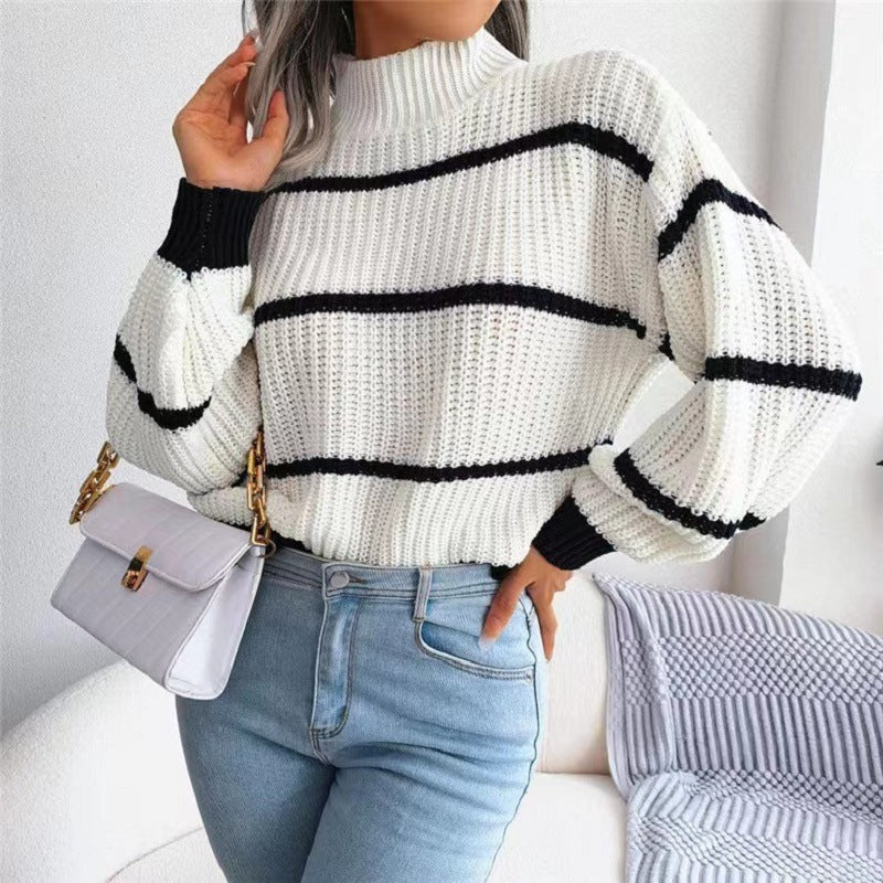 Contrast Color Striped Sweater New Half Turtleneck Pullover Top