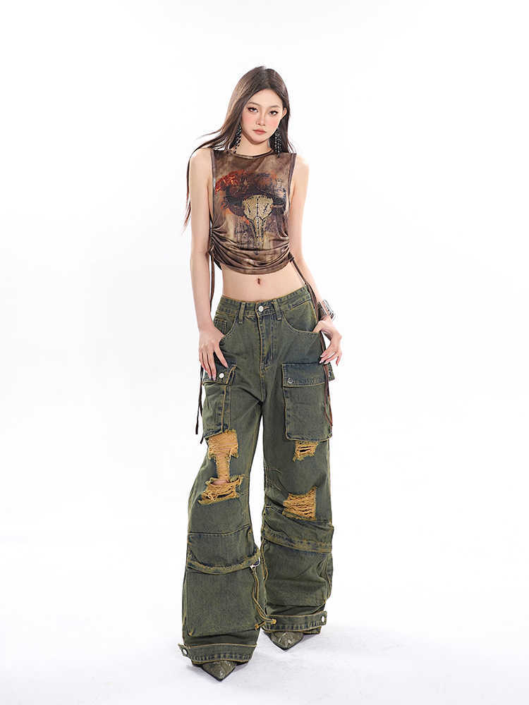 Retro Mopping Waste Jeans Washed And Worn Overalls