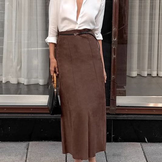 Brushed Velvet Brown Slim-fit High Waist Straight Skirt