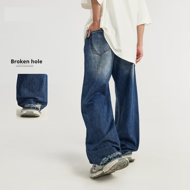 Simple All-matching Straight Men's Clothing Retro Tattered Jeans Wide Leg Jeans