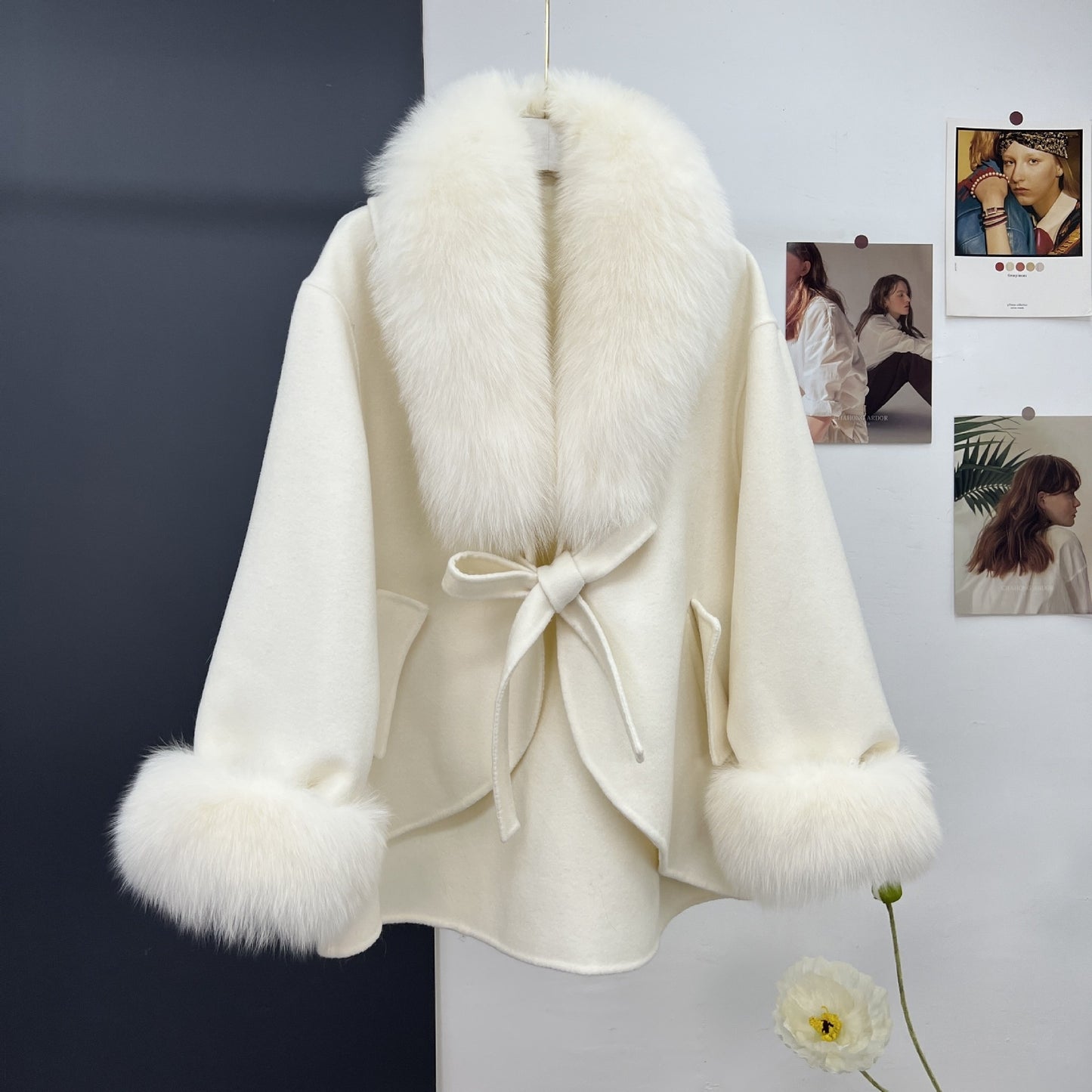 Wool Double-sided Woolen Coat Women's Mid-length Cape Shawl Fox Fur Appearance