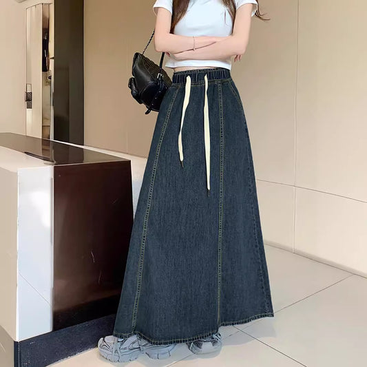 Elastic Waist Drawstring Dark Blue Denim Skirt For Women