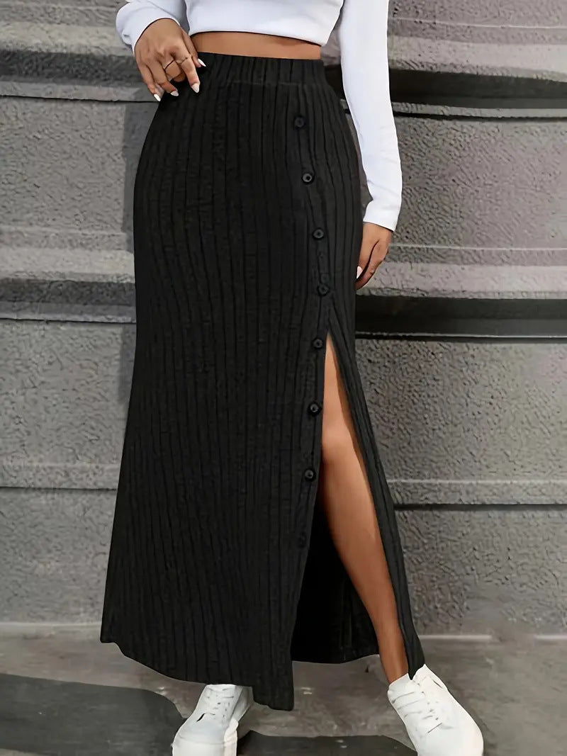 Women Knitted Dress Sunken Stripe Slit Fastener Decoration Sheath Skirt