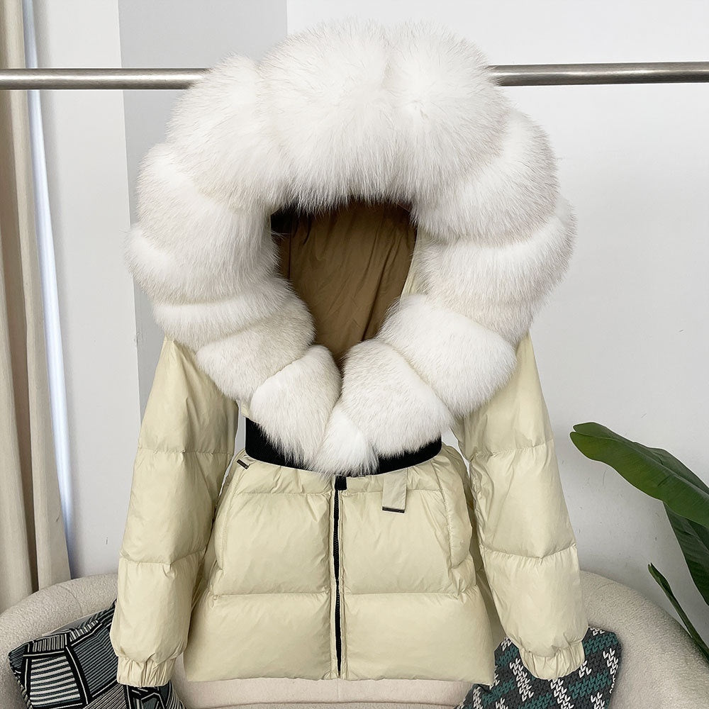 Oversized Real Fox Fur Collar Hooded White Duck Down Jacket