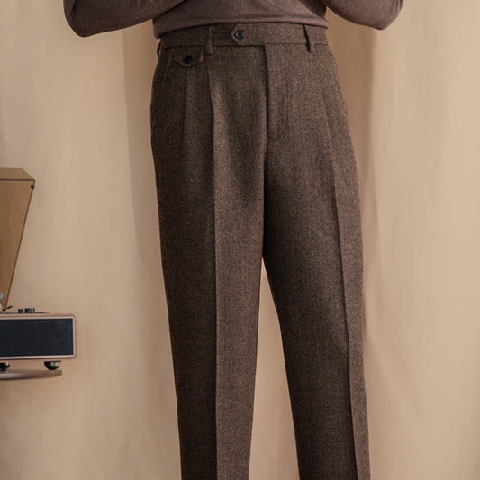 Retro British Wool Herringbone Trousers