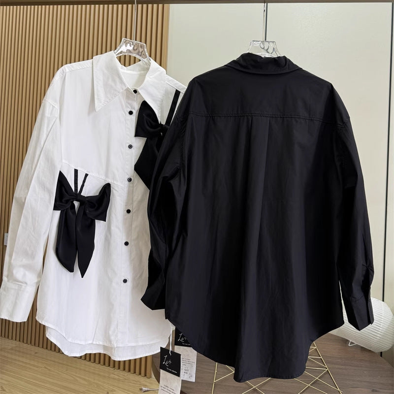 French Style Three-dimensional Bow Long Sleeve Shirt