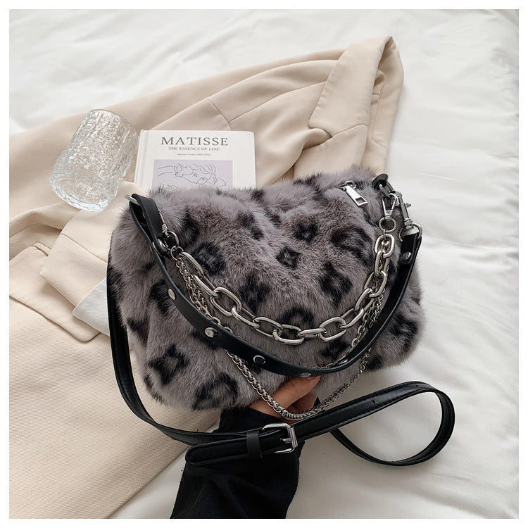 Winter Plush Bags Chain Shoulder Bag Women Flowers Print Handbags