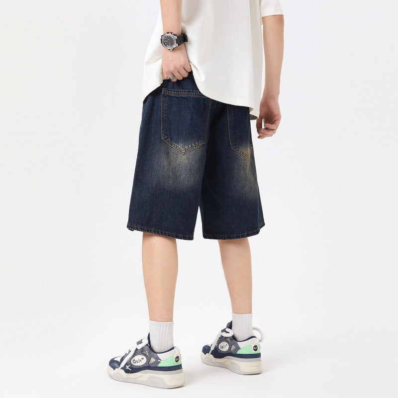 American-style Retro Washed Split Design Denim Shorts For Men