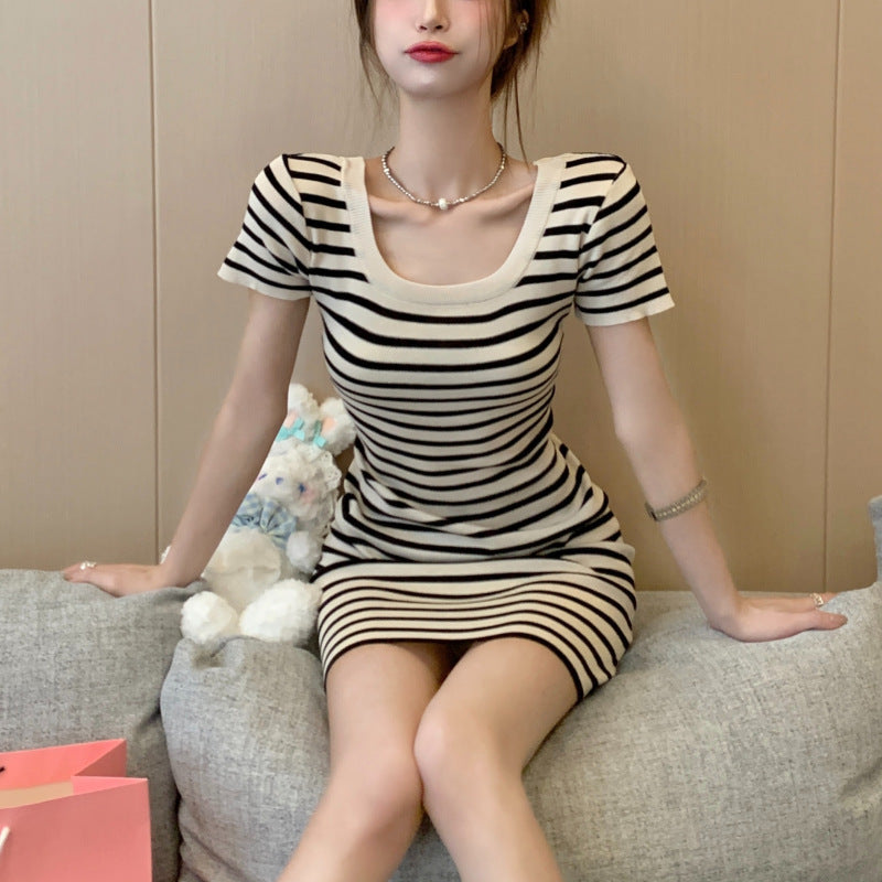 Hot Girl Striped Short Sleeve Dress Women's Summer