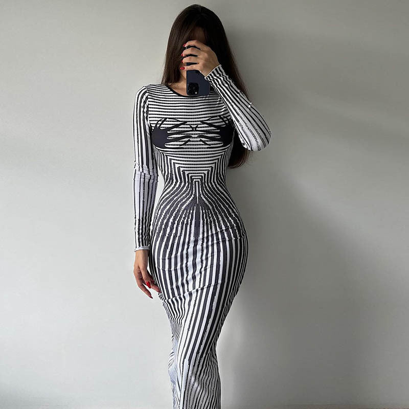 Round Neck Long-sleeved Shirt Slim Striped Print Bodycon Dress