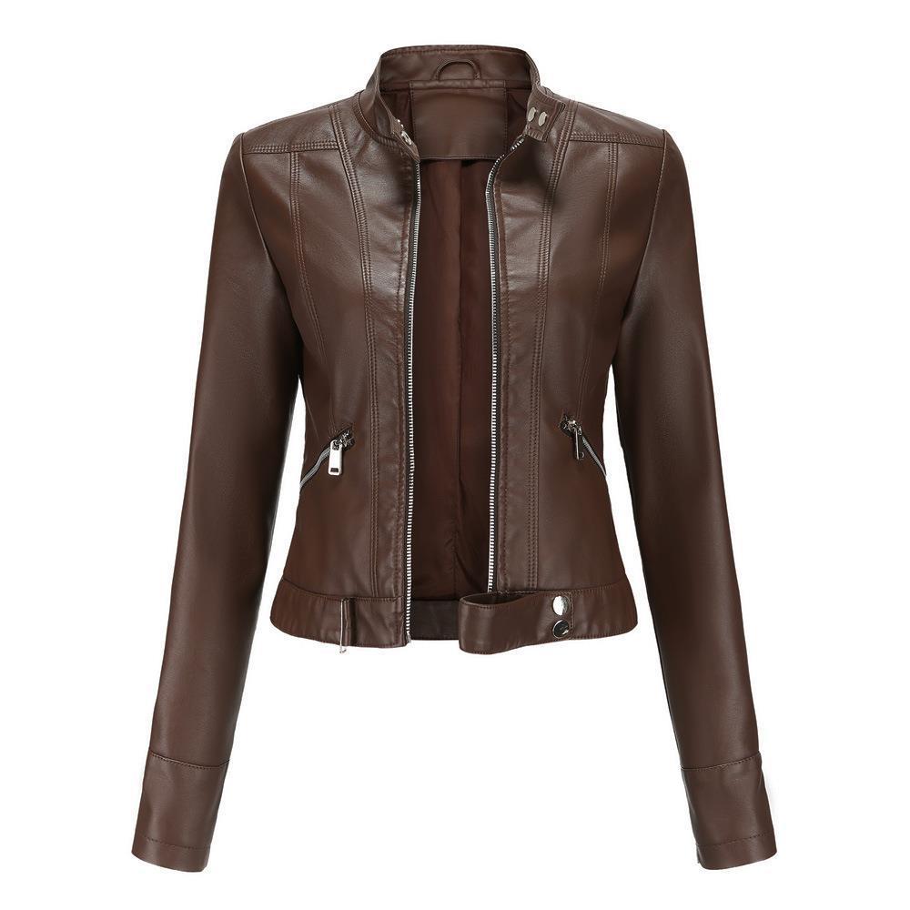 Women's Short Leather Jacket Stand Collar Jacket Thin