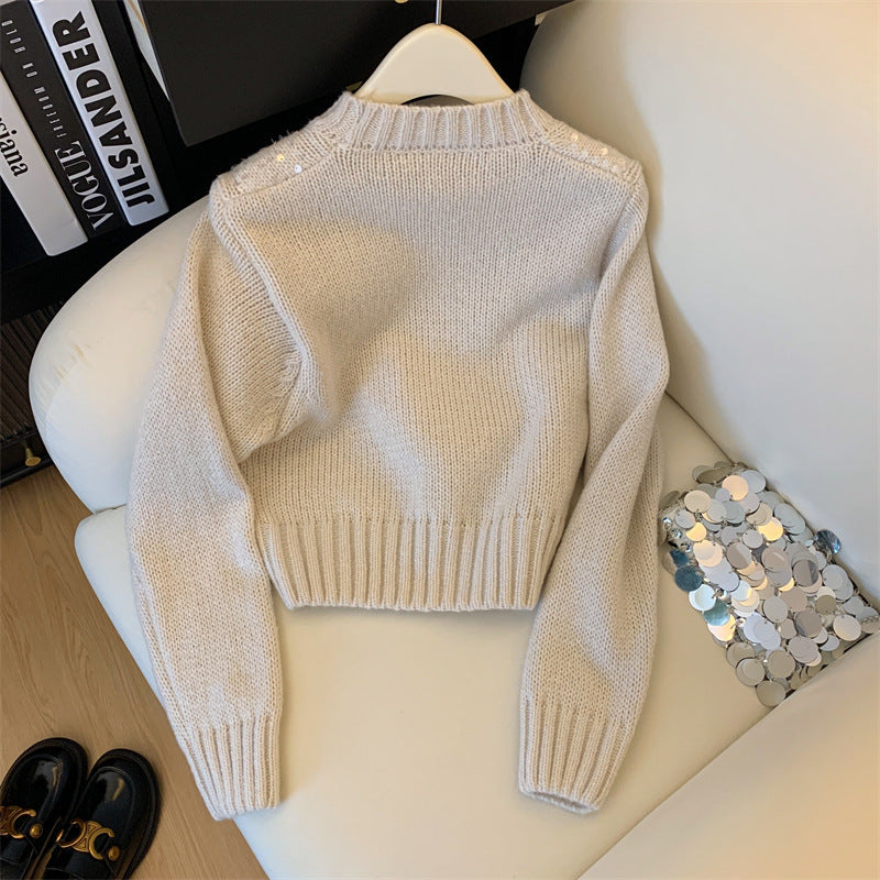 Autumn And Winter New Round Neck Heavy Embroidery Sequins Knitwear Top For Women